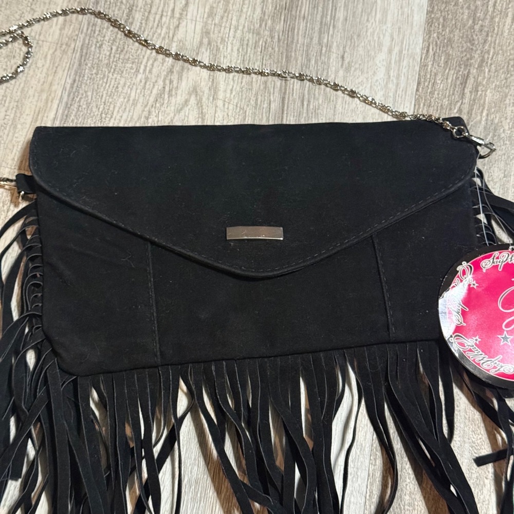 Y2K‎ retro Say What Black Suede Fringe Crossbody Bag Silver Chain Evening - Picture 2 of 8